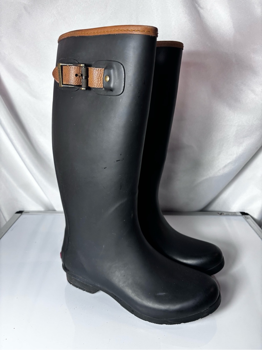 Hand Crafted Black Rain Boots with Brown Trim and Buckle